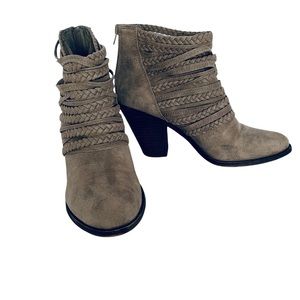 Fergie Faux Suede Tan Braided Straps Boho Booties size 8.5
